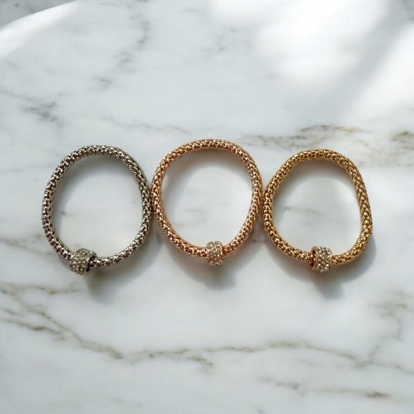 Luxury Mesh Crystal Bracelet Set - 3 Piece Tri-Color Rhinestone Stretch Bangles - Picture 2 of 6